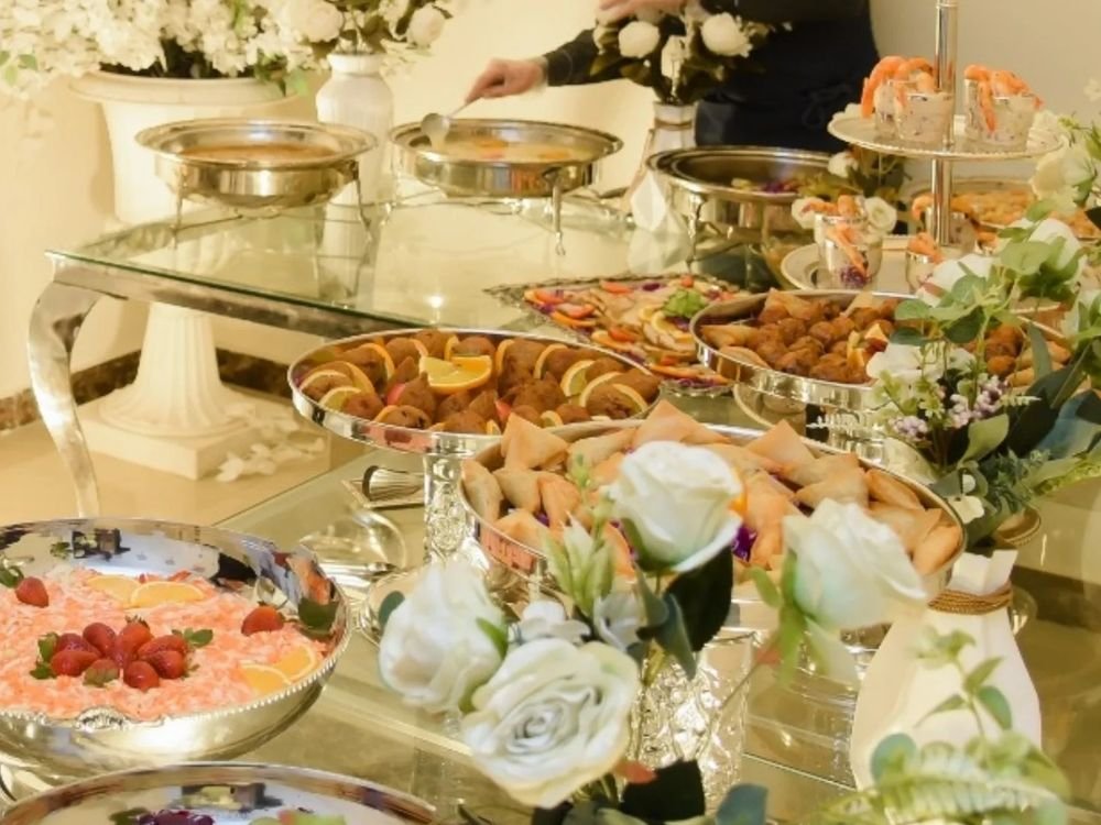 Wedding buffet with floral styling